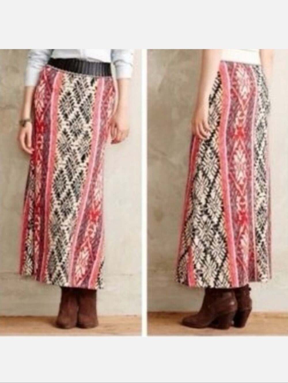Vanessa Virginia Anthropologie Maxi Skirt S Pink Black Aztec Boho Flowy EUC